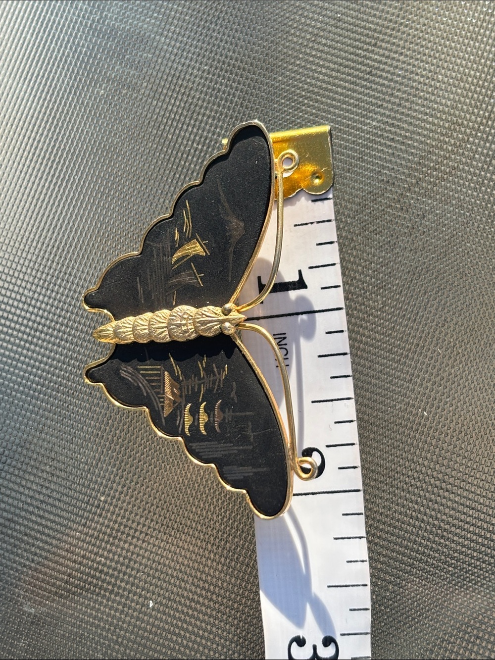 Vintage Japanese Damascene Butterfly Brooch Black & Gold-Tone - Picture 5 of 5